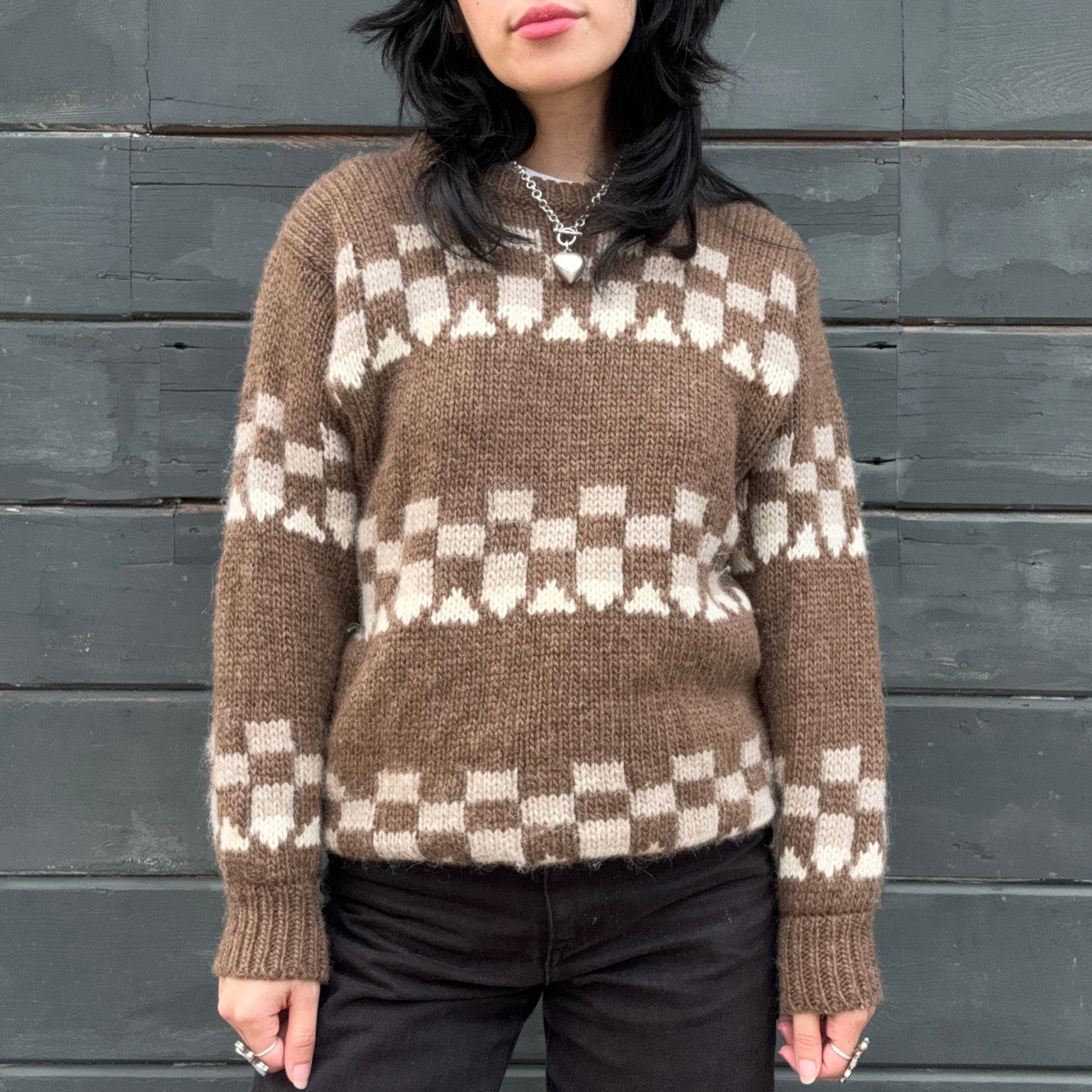 Vintage 1970s Brown Wool Checkered Knit Sweater