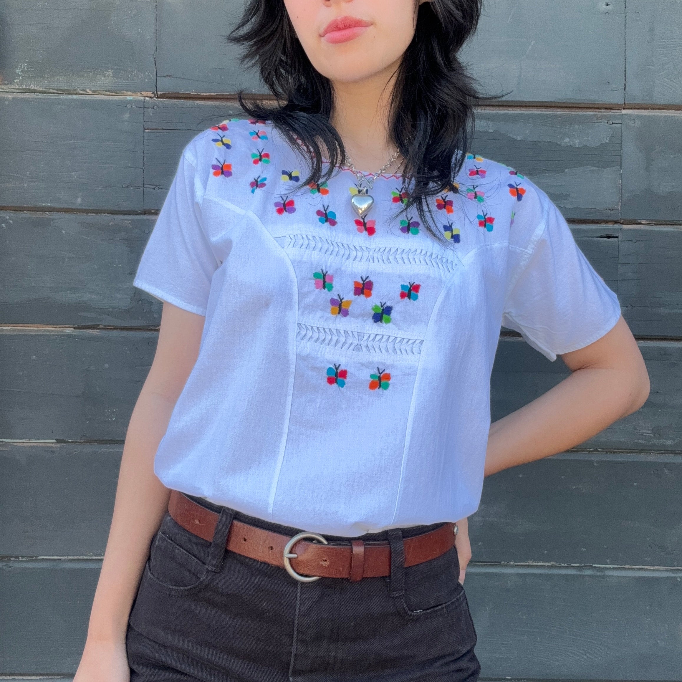 Vintage White Blouse with Rainbow Embroidered Butterflies
