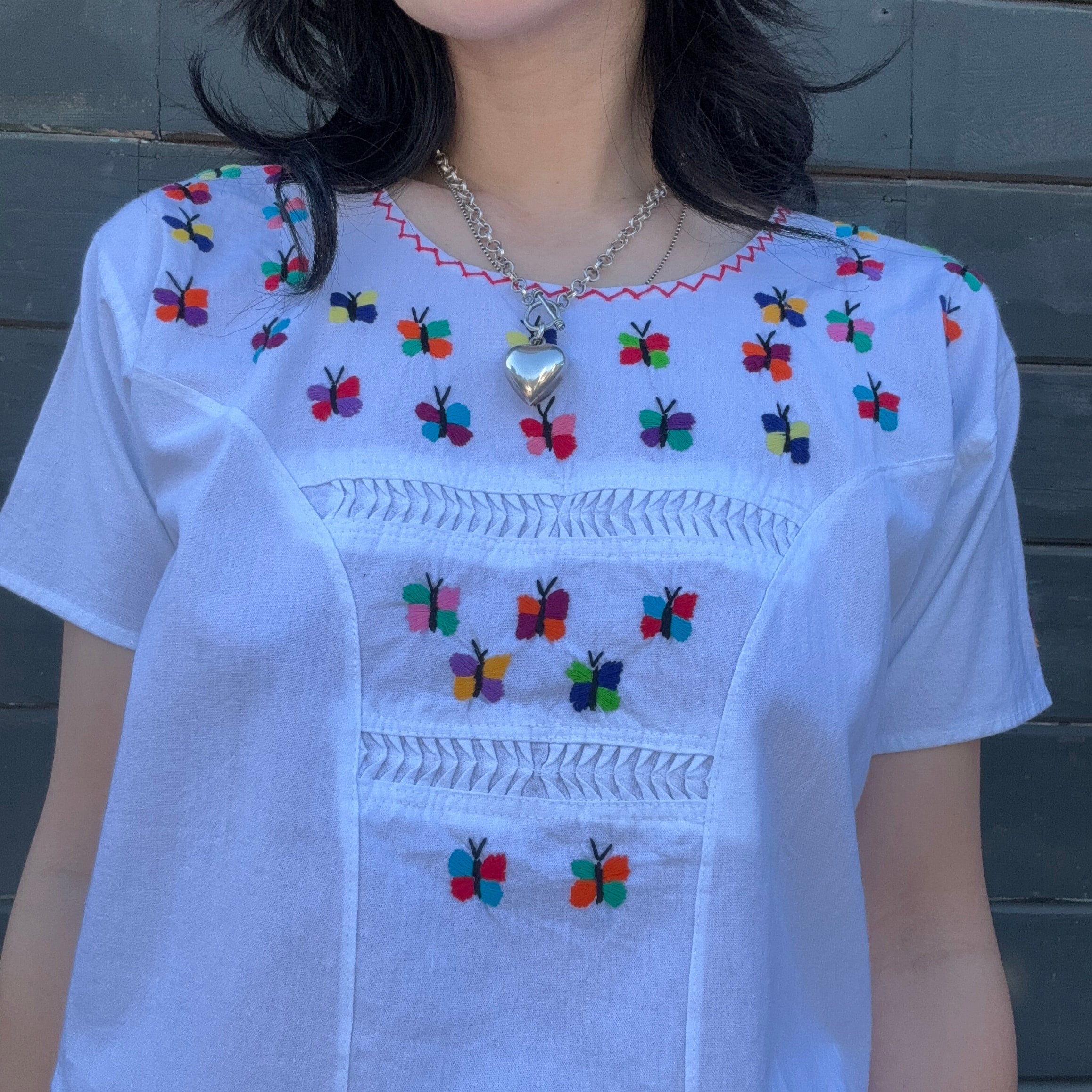 Vintage White Blouse with Rainbow Embroidered Butterflies