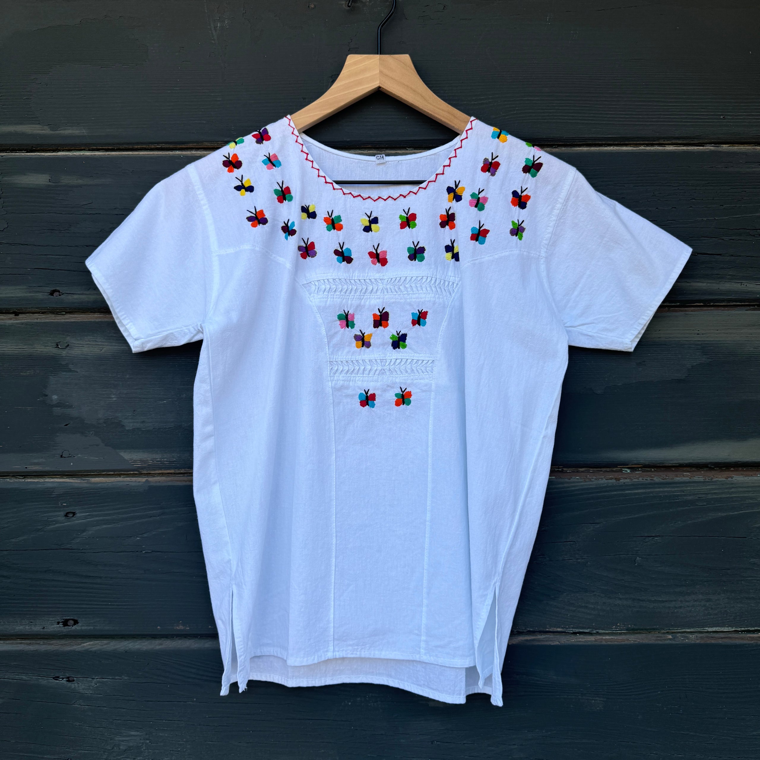 Vintage White Blouse with Rainbow Embroidered Butterflies